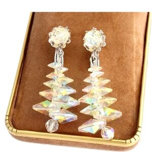 Vintage Vendome Aurora Borealis Crystal Clip On Earrings Iridescent Bead Dangle